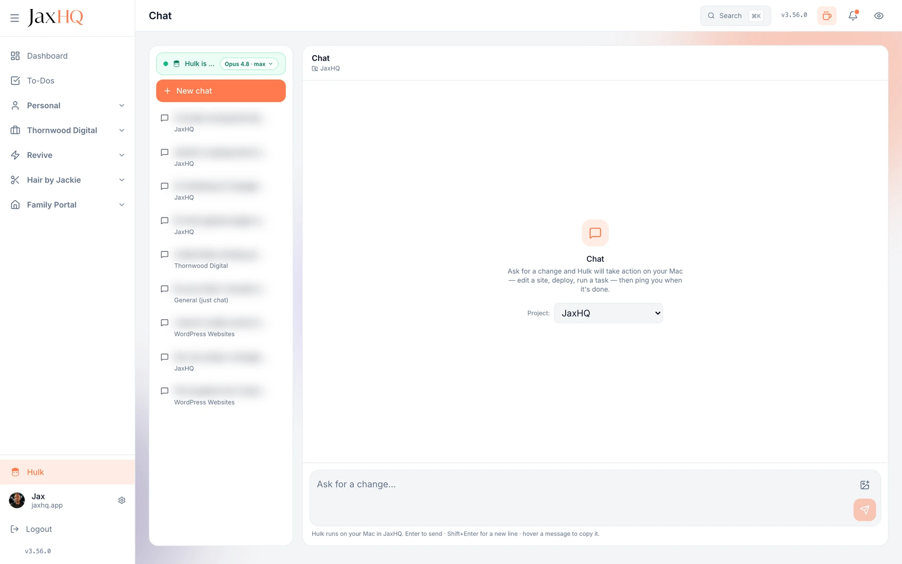 JaxHQ's chat with Hulk, the Claude-powered AI agent, conversation titles blurred