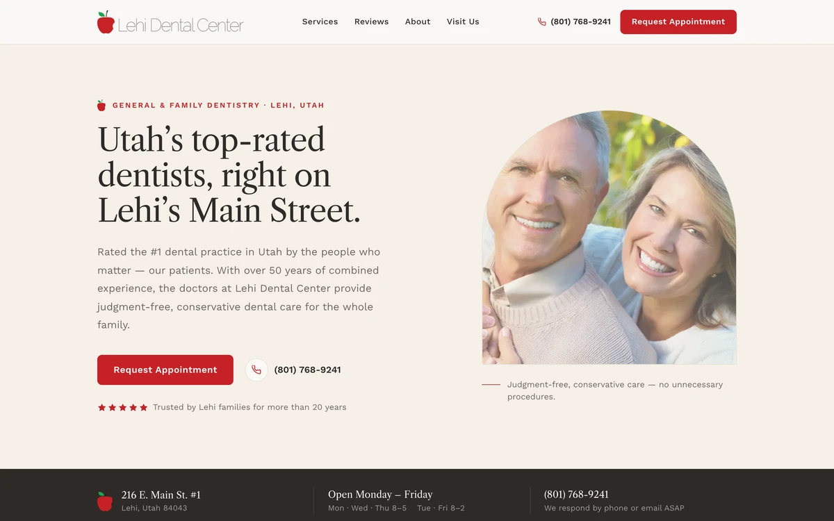 The Lehi Dental Center website homepage, designed and built by Jaxon Carroll