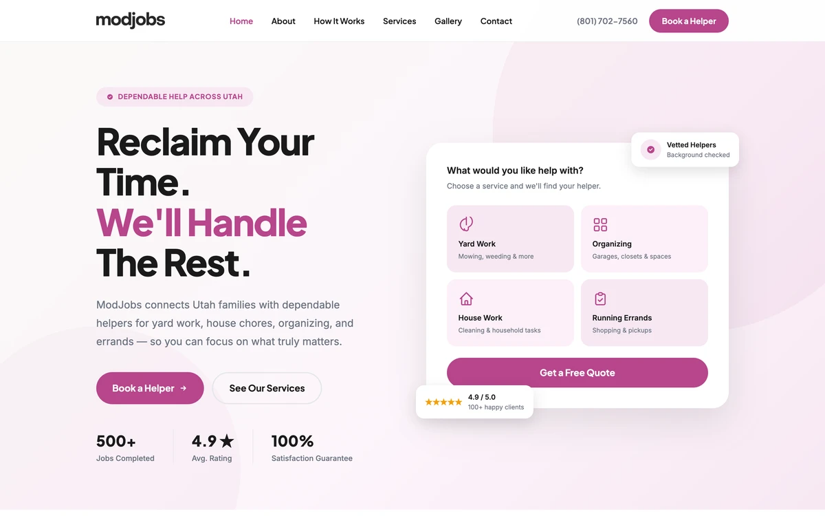 ModJobs home services marketplace website, designed and built by Jaxon Carroll